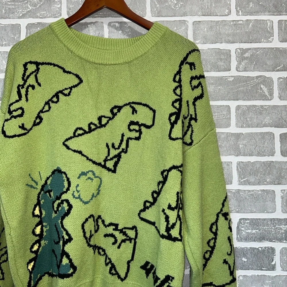 Aelfric Eden Dinosaur Sweater Green Oversized Graphic Knit Y2K Streetwear Sz M/L